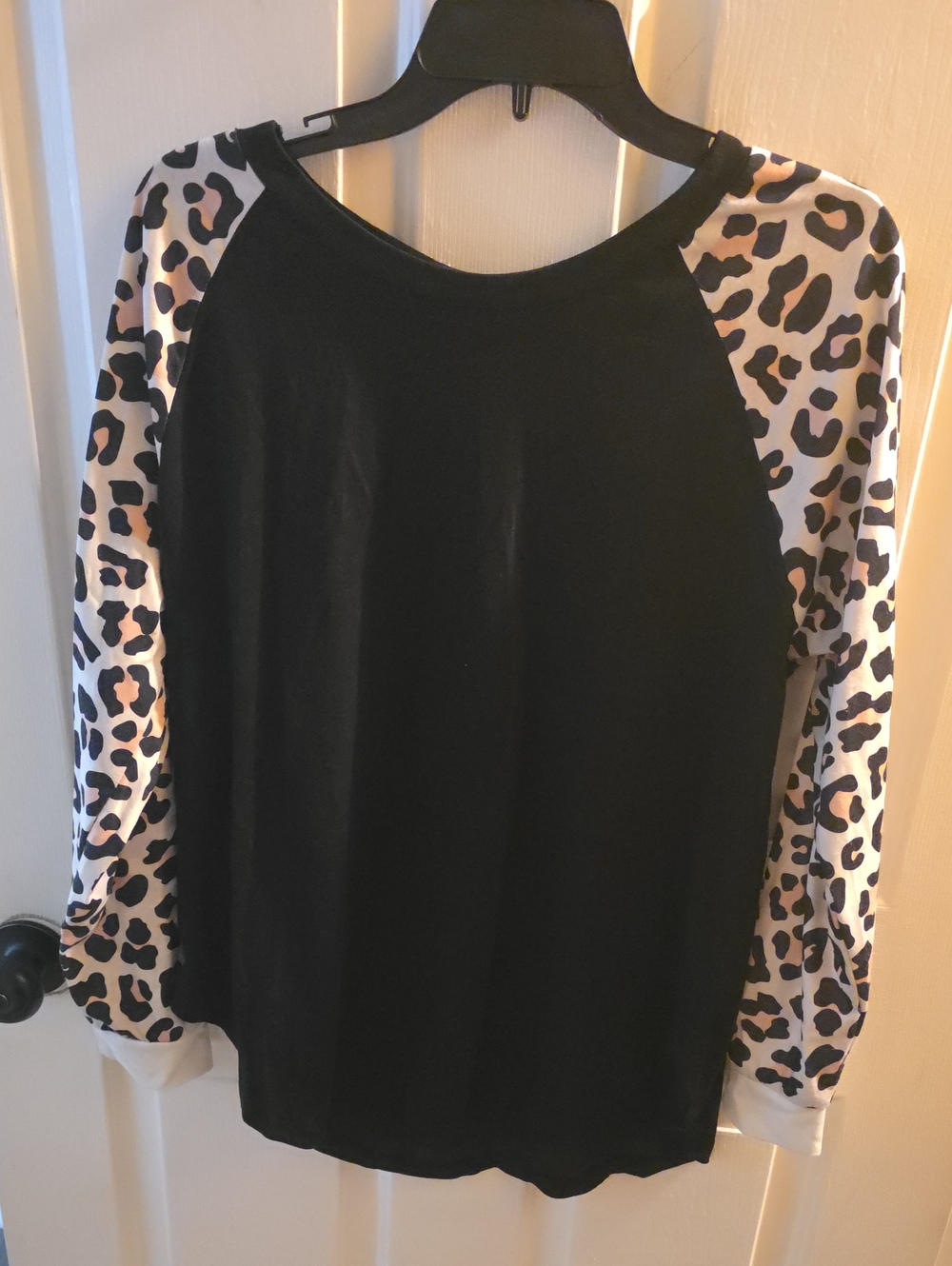 Womens Black Raglan Top with Leopard Print Sleeves
